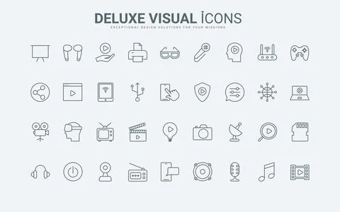 Computer and multimedia device thin black and red line icons set, electronic Stock Illustration