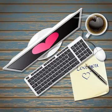 Computer and note paper with black coffee Stock Illustration