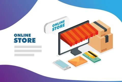 Computer and parasol with icons of store online Stock Illustration