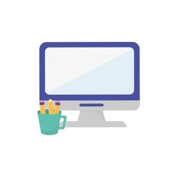 Computer and pencils supplies learning online Stock Illustration