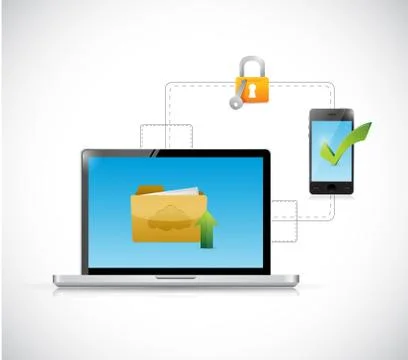 Computer and phone transferring documents. Stock Illustration