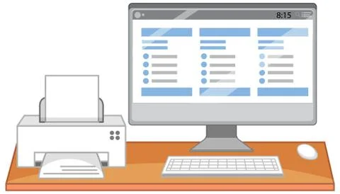 Computer and printer on office desk on white background Illustrazione stock