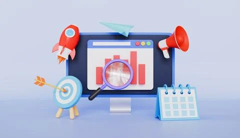 Computer and rocket with browser, megaphone, calendar, web page, target Illustrazione stock