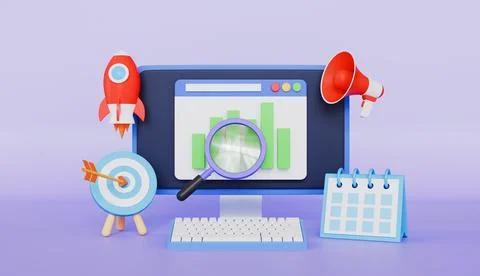 Computer and rocket with browser, target, paper airplane, megaphone, calendar Illustrazione stock
