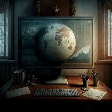 Computer and screens with graphs in the office in retro style, graph analysis 스톡 일러스트
