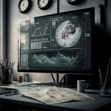 Computer and screens with graphs in the office in retro style, graph analysis Stock Illustration