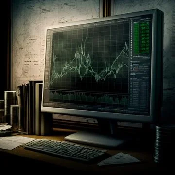 Computer and screens with graphs in the office in retro style, graph analysis Illustrazione stock