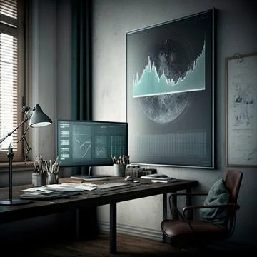 Computer and screens with graphs in the office in retro style, graph analysis 스톡 일러스트