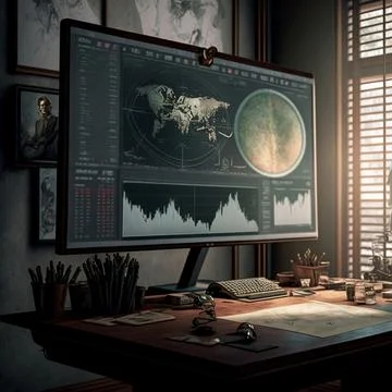 Computer and screens with graphs in the office in retro style, graph analysis Stock Illustration