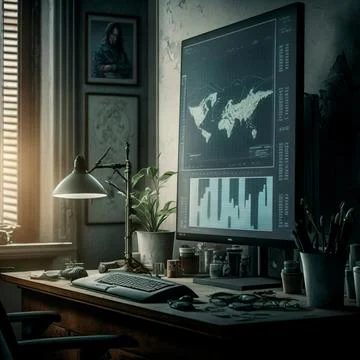 Computer and screens with graphs in the office in retro style, graph analysis Stock Illustration