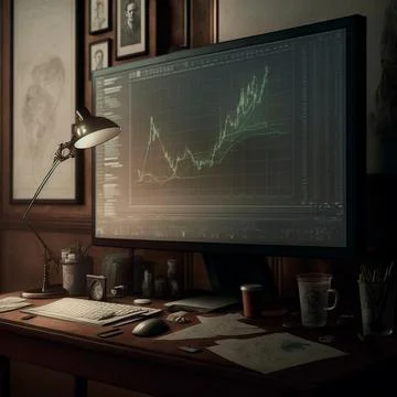 Computer and screens with graphs in the office in retro style, graph analysis Stock Illustration