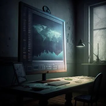 Computer and screens with graphs in the office in retro style, graph analysis Stock Illustration