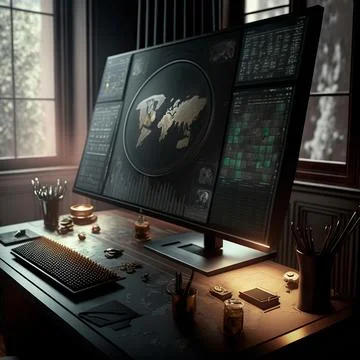 Computer and screens with graphs in the office in retro style, graph analysis Stock Illustration