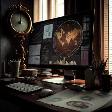 Computer and screens with graphs in the office in retro style, graph analysis イラスト素材