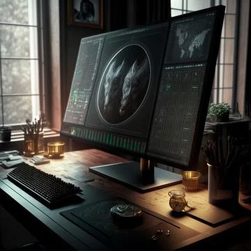 Computer and screens with graphs in the office in retro style, graph analysis Stock Illustration