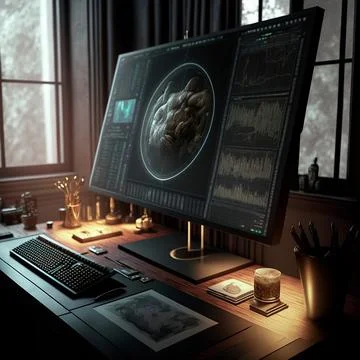 Computer and screens with graphs in the office in retro style, graph analysis Illustrazione stock