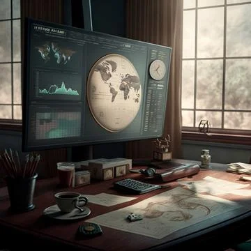 Computer and screens with graphs in the office in retro style, graph analysis Illustrazione stock