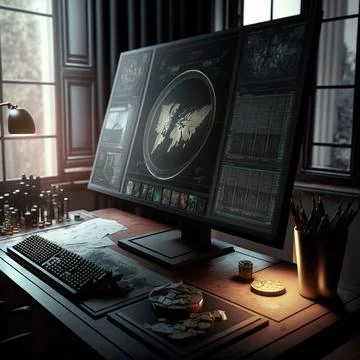 Computer and screens with graphs in the office in retro style, graph analysis Illustrazione stock