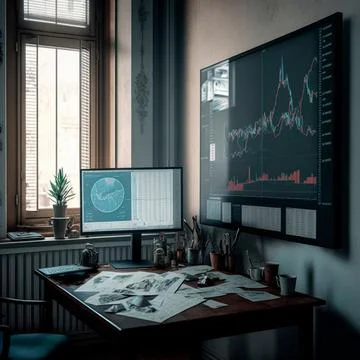 Computer and screens with graphs in the office in retro style, graph analysis Illustrazione stock