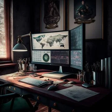 Computer and screens with graphs in the office in retro style, graph analysis 스톡 일러스트
