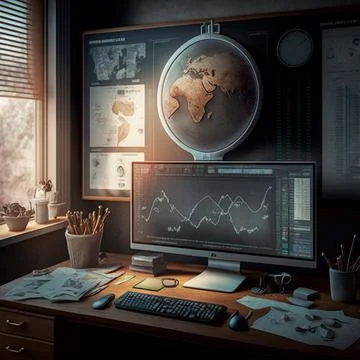 Computer and screens with graphs in the office in retro style, graph analysis Stock Illustration