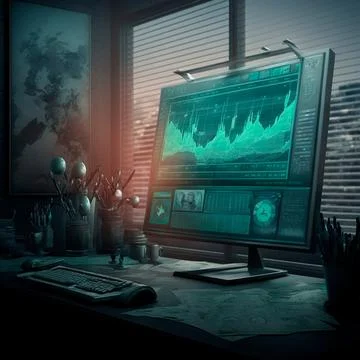 Computer and screens with graphs in the office in retro style, graph analysis Stock Illustration