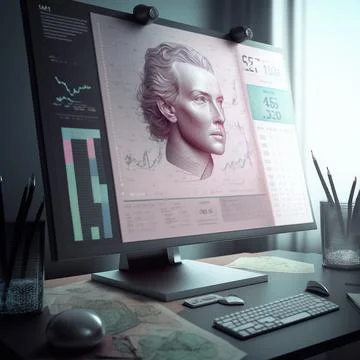 Computer and screens with graphs in the office in retro style, graph analysis Illustrazione stock
