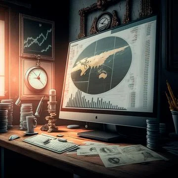 Computer and screens with graphs in the office in retro style, graph analysis 스톡 일러스트