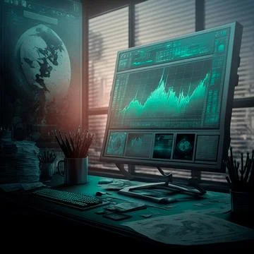 Computer and screens with graphs in the office in retro style, graph analysis Stock Illustration