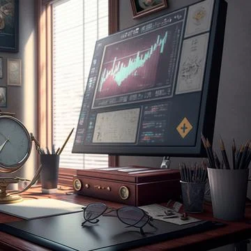 Computer and screens with graphs in the office in retro style, graph analysis Illustrazione stock