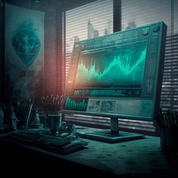 Computer and screens with graphs in the office in retro style, graph analysis 스톡 일러스트