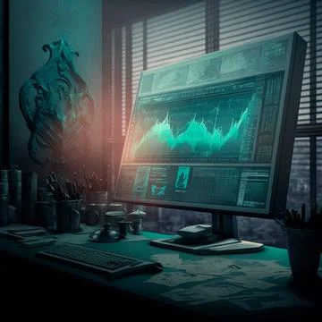 Computer and screens with graphs in the office in retro style, graph analysis Illustrazione stock