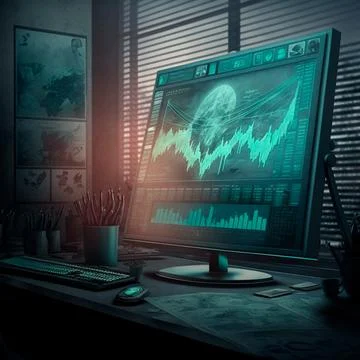 Computer and screens with graphs in the office in retro style, graph analysis Illustrazione stock