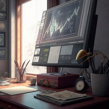 Computer and screens with graphs in the office in retro style, graph analysis Illustrazione stock