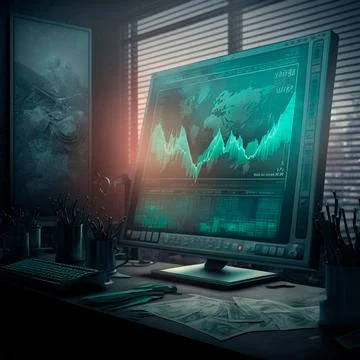Computer and screens with graphs in the office in retro style, graph analysis Illustrazione stock