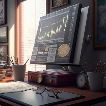 Computer and screens with graphs in the office in retro style, graph analysis Stock Illustration