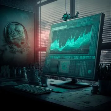 Computer and screens with graphs in the office in retro style, graph analysis 스톡 일러스트