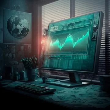 Computer and screens with graphs in the office in retro style, graph analysis Stock Illustration