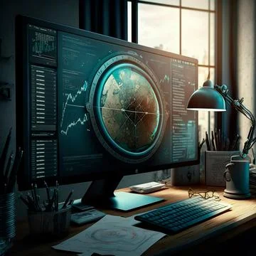 Computer and screens with graphs in the office in retro style, graph analysis Illustrazione stock