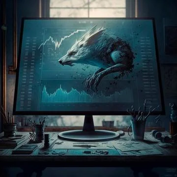 Computer and screens with graphs in the office in retro style, graph analysis Stock Illustration