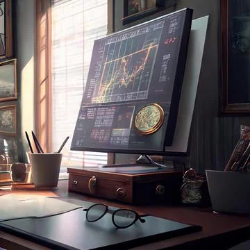Computer and screens with graphs in the office in retro style, graph analysis Illustrazione stock