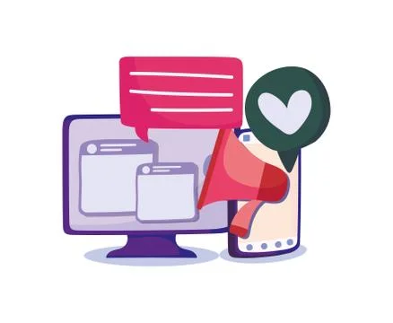 Computer and smartphone with speech bubbles and megaphone Stock Illustration