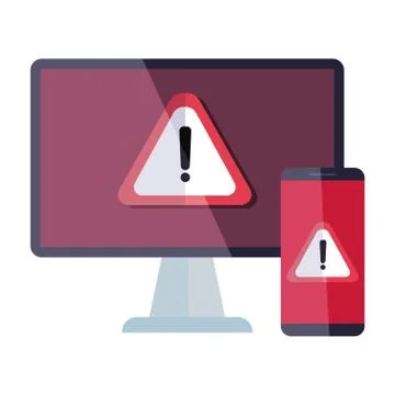 Computer and smartphone with warning notification icon Stock Illustration