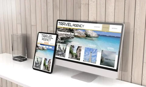 Computer and tablet 3d rendering showing travel agency responsive web design  Stock Illustration