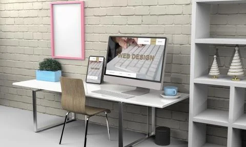Computer and tablet 3d rendering showing responsive web design .3d illustrati Stock Illustration