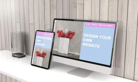 Computer and tablet 3d rendering showing responsive web design .3d illustrati Stock-Illustration