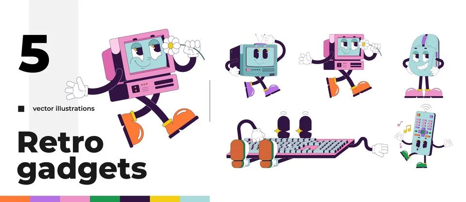 Computer and tech groovy retro characters pack イラスト素材