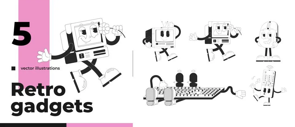 Computer and tech outline groovy mascot characters pack イラスト素材