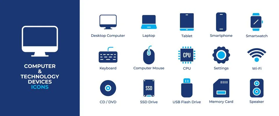 Computer and technology devices icon set in flat blue vector style Stock Illustration