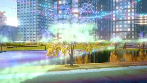 Computer animation of a residential quarter with playgrounds, a lake, people  Stock Footage 119639927